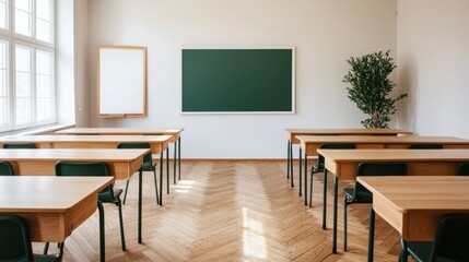 A bright, minimalist classroom featuring wooden desks, a chalkboard, and a plant, creating a welcoming learning environment.