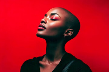 Gorgeous smiling black girl - for ads, alley poster and social media use. Short haircut - bald head - no hair. Commercial promotion conceptual art pattern. African american portrait artistry.