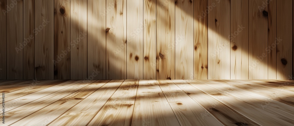 Poster wooden floor illuminated by sunlight creating patterns and shadows in a bright indoor environment