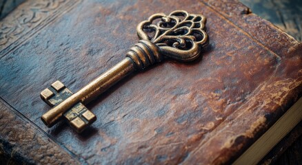 A vintage brass key with intricate designs lying on an antique leather book, symbolizing the art of dollhouse building and craftsmanship