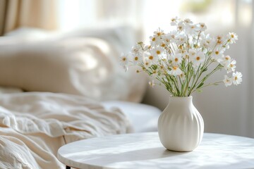 Fototapeta premium Bright and Fresh Daisies in Simple Vase on Cozy Table in Sunlit Room