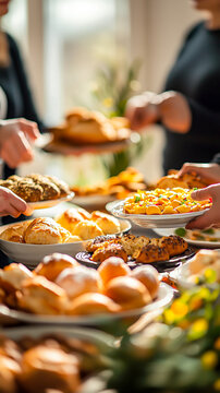 A bountiful table laden with a delightful assortment of fresh pastries and appetizing delicacies during a festive gathering.