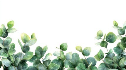 A watercolor illustration of lush green eucalyptus leaves on a white background.
