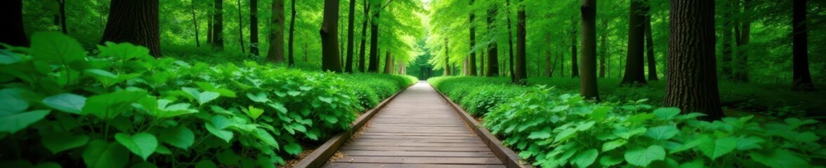 Obraz premium Narrow wooden boardwalk meanders through emerald forest, vibrant green canopy overhead , wooden boardwalk, adventure, forest trail