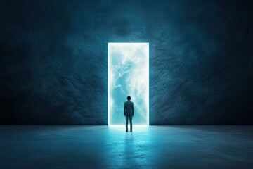A silhouette of a person standing before a glowing open door, with bright light shining through, symbolizing new opportunities, personal growth, self-discovery, and enlightenment