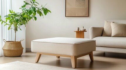modern upholstered beige ottoman with wooden legs in stylish living room minimalist home decor