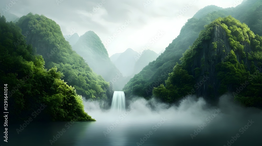 Poster majestic waterfall cascading on both sides of a lush green mountainous landscape with a misty empty 