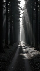 Narrow monochrome path, tall trees frame distant light , design element, leading lines, black and white