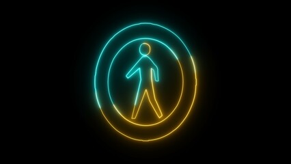 Neon line glowing pedestrian sign animation. Walking neon sign animation. Neon line people walk icon light blue and yellow glowing animation with circle on the black background.