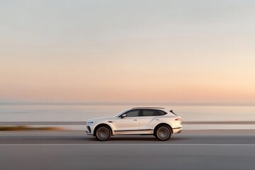 Sleek white SUV cruising along coastal road at sunset, serene at