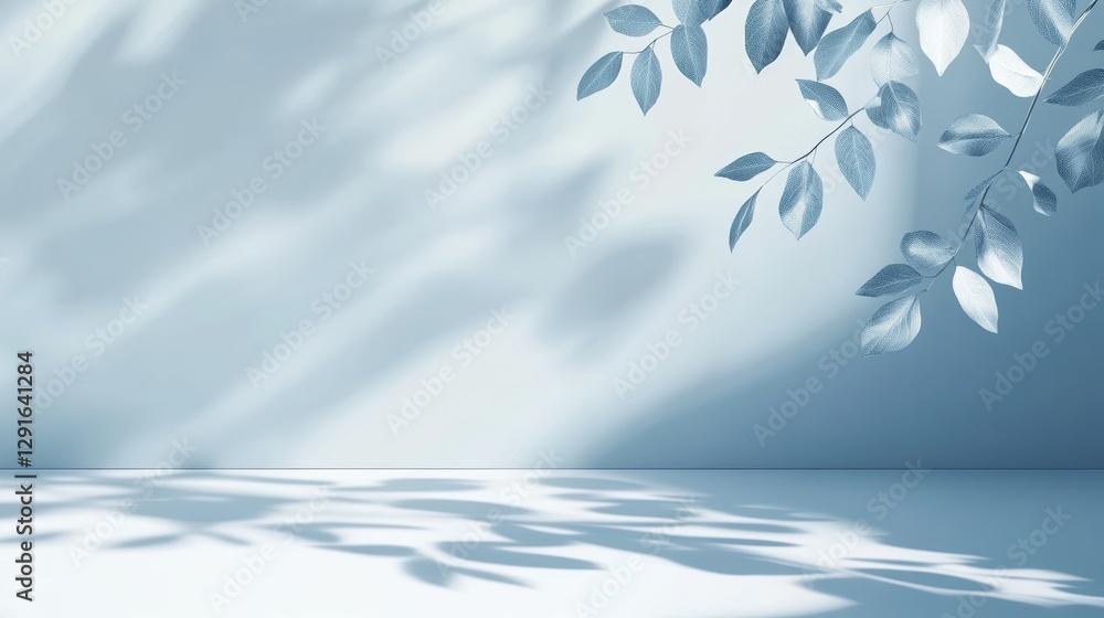 Poster soft shadows cast by leaves create a tranquil atmosphere in a minimalist interior during daylight ho