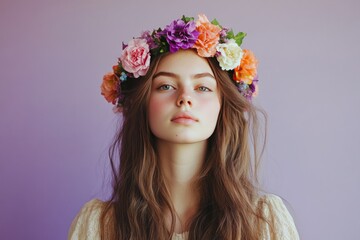 Naklejka premium Young woman with floral crown and soft expressions against a pastel background