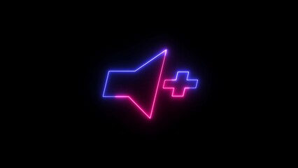 Volume up neon sign appear in center and disappear after some time. Animated blue and pink neon icon on black background.