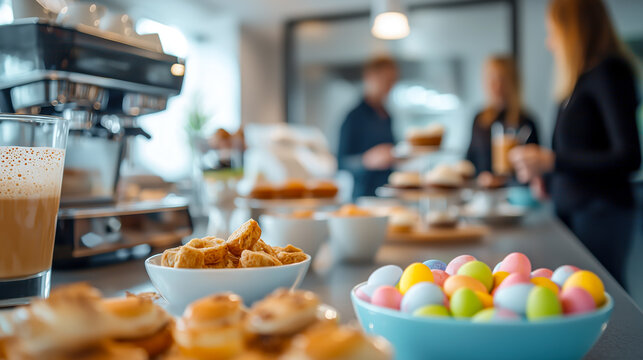 Buffet table with coffee, pastries, small bites, and candy. Office setting. Blurred people in background. Close up shot.
