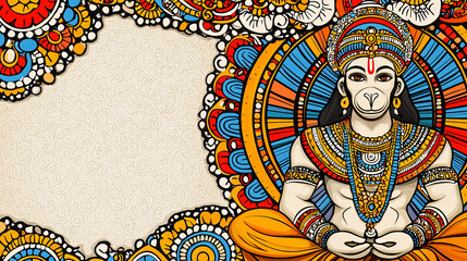 Fototapeta premium Detailed Illustration of Hindu Deity Hanuman Meditating with Intricate Frame and Patterns