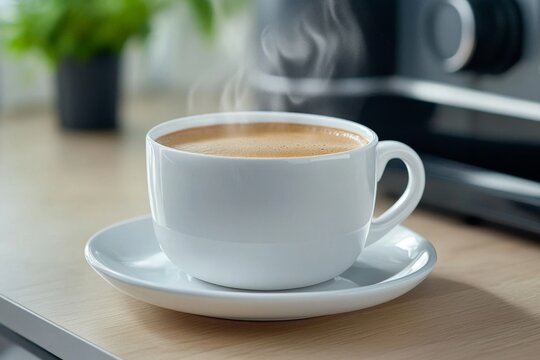 a 2D cartoon illustration of a steaming cup of coffee with a saucer, warm and inviting, white background