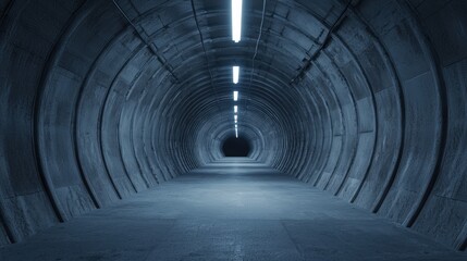 A dimly lit concrete tunnel with smooth walls, featuring linear lighting that creates a mysterious and eerie atmosphere.