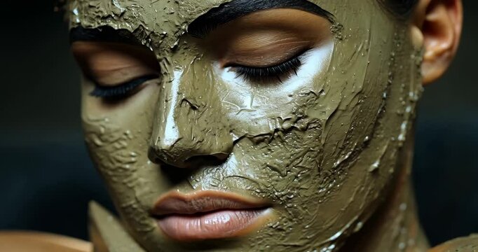 Close-up of a woman with a clay mask on her face, enjoying a spa treatment.