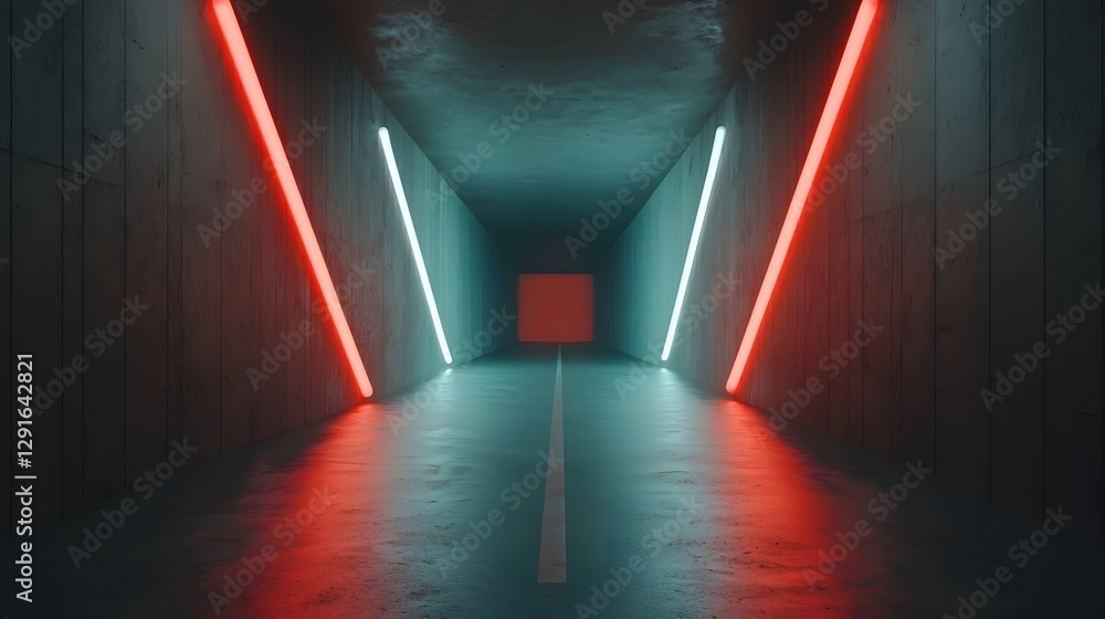 Poster Mesmerizing 80s synthwave neon grids flowing through a retrofuturistic minimalist architectural corridor or passageway  Vibrant glowing lines and geometric patterns create a dynamic