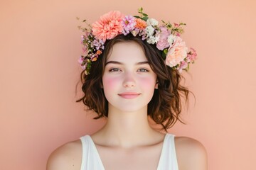 Young Woman with Flower Crown Posing Against Coral Background in Natural Light