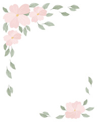 Wedding invitation card with delicate pink flowers and green leaves on white background. Design for birthday, anniversary