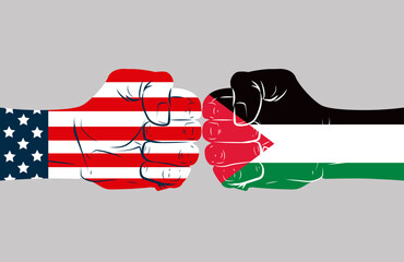 Two hands fists facing each other with the flags of the United States and Gaza Palestinians. Political, economic and military confrontation countries conflict between Gaza. Vector icon illustration