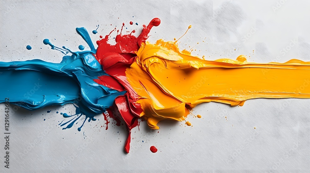Poster mesmerizing abstract painting with fluid splashes of vivid colors including red yellow and blue crea