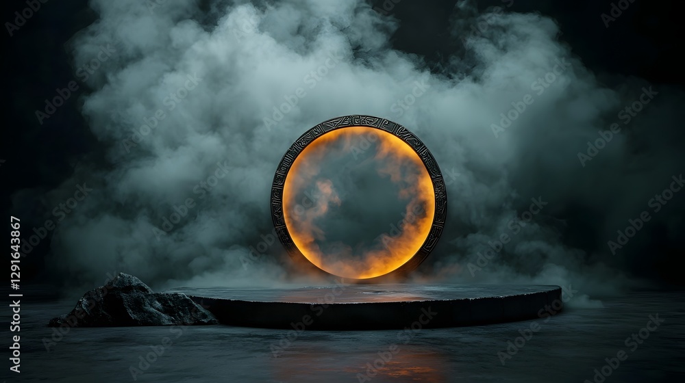 Poster mesmerizing and mysterious glowing portal in an otherworldly landscape surrounded by ancient runes a