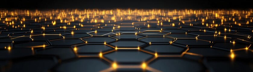 Black and gold hexagon background pattern with multiple hexagons and photo elements