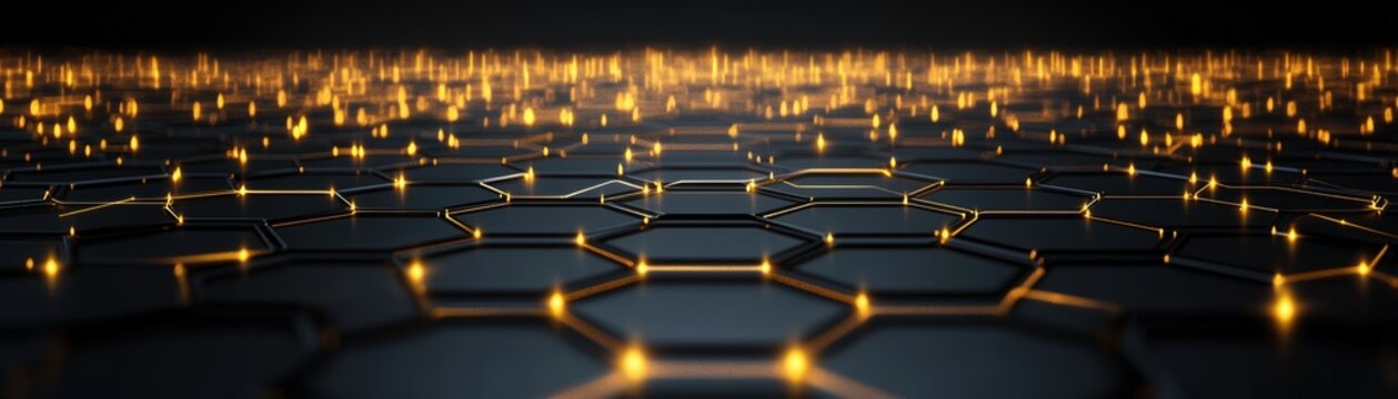 Black and gold hexagon background pattern with multiple hexagons and photo elements