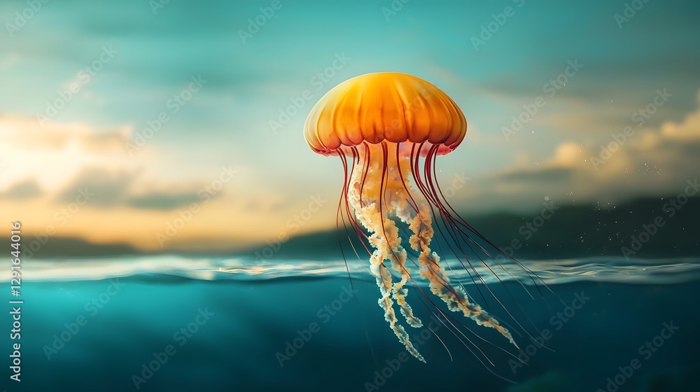 Poster mesmerizing bioluminescent jellyfish effortlessly floating in a dreamy ethereal ocean scenery with v