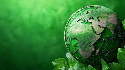 Lush Green World Globe Connected by Geometric Wireframe Embraced by Vibrant Leafy Greenery