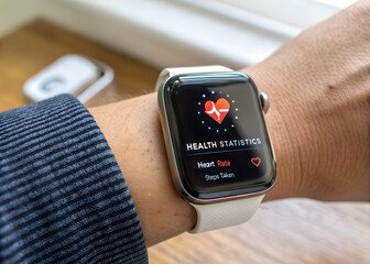 A smartwatch displaying health statistics