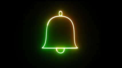 Glowing neon green and yellow color notification bell animation icon alert notice warning signal ring burning animated sign symbol on black background.
