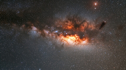 A starry night sky with a bright orange cloud in the middle. generated using AI