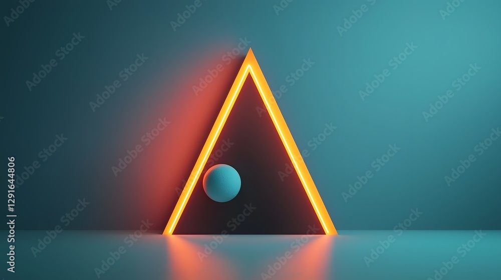 Poster mesmerizing digital artwork featuring symmetrically positioned geometric neon shapes against a deep 