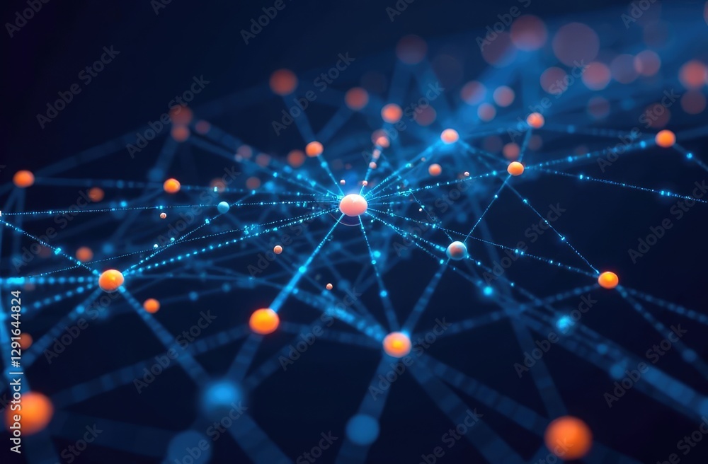 Poster futuristic digital network visualization with interconnected nodes and lines, data transmission, com