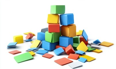 Colorful building blocks scattered and stacked, showcasing creativity and playfulness in a bright setting