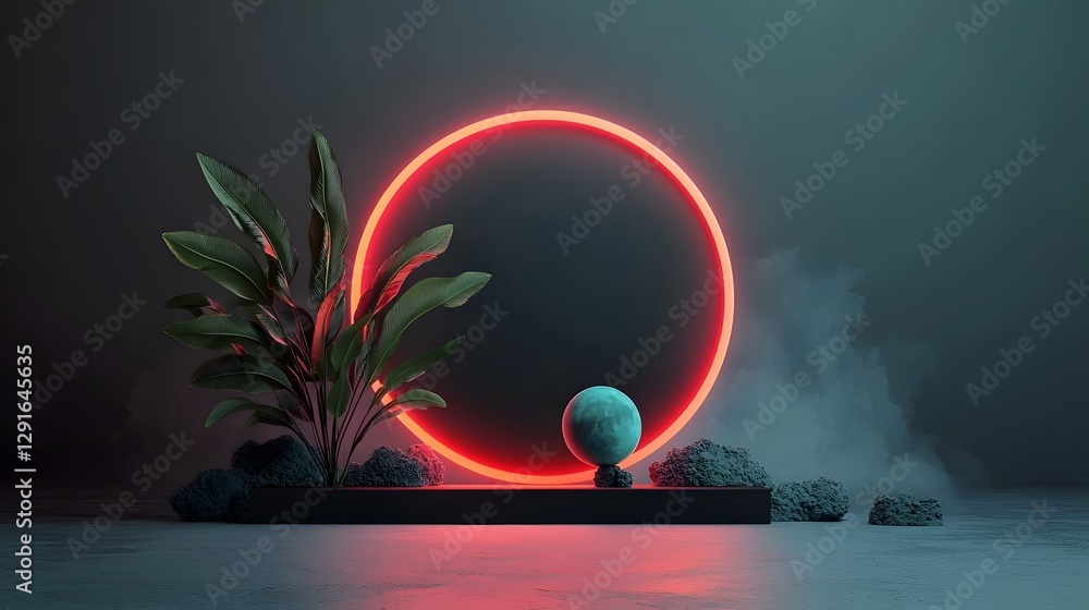 Poster mesmerizing digital image showcasing a symmetrical arrangement of glowing neon geometric shapes agai