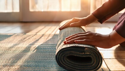 A family member carefully unrolls a prayer mat inside their home as sunset approaches.