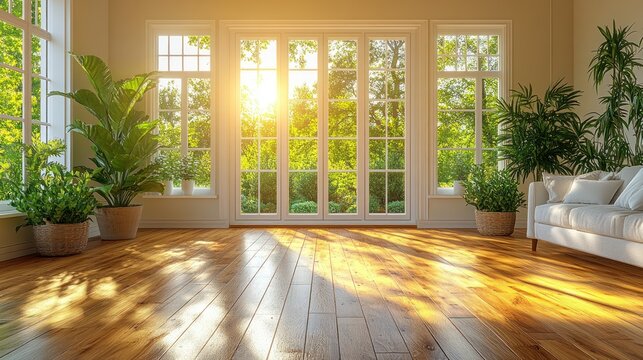 Fototapeta Sunny living room with large windows overlooking garden