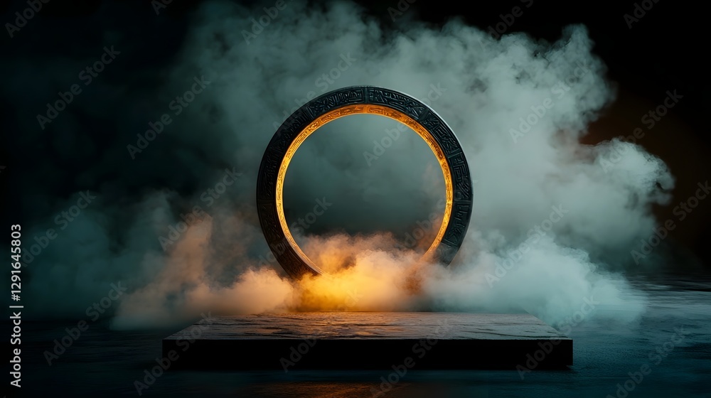 Poster mesmerizing digital of a mystical glowing portal with ethereal fog and ancient runes creating a capt