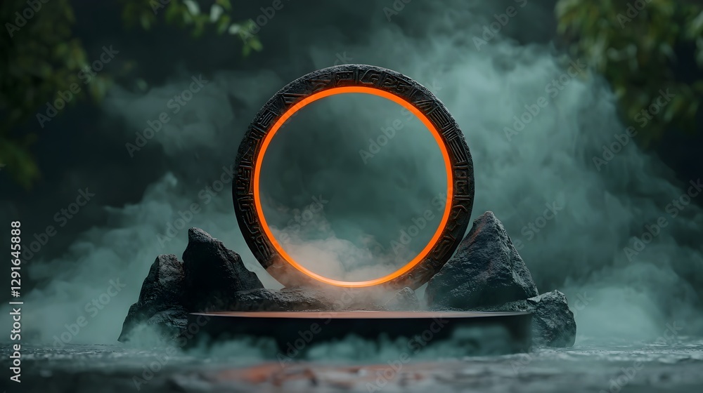 Poster mesmerizing digital showcasing a mystical glowing portal with ancient runes and ethereal fog creatin