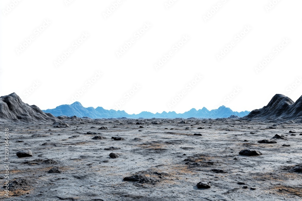 Aufkleber 3D rendering depicting dark blue mountains in the distance, a flat ground, and a white background with a sense of space, created using Unreal Engine and movie lighting techniques to achieve