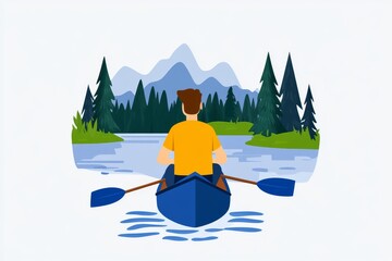 a 2D cartoon illustration of a person canoeing across a calm lake, peaceful and relaxing, white background