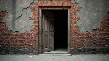 A weathered brick wall with an aged wooden door ajar, revealing a dark and mysterious interior, hinting at untold stories and forgotten secrets within