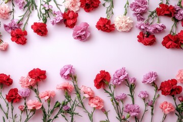 Colorful Carnations Arranged on Light Pink Background for Floral Design and Decoration