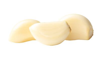 Side view of peeled garlic cloves or pieces in stack isolated with clipping path in png file format