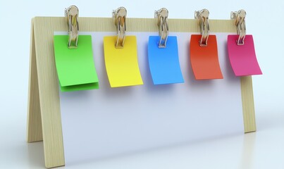 Colorful sticky notes clipped on a wooden board, showcasing organization and creativity in a workspace