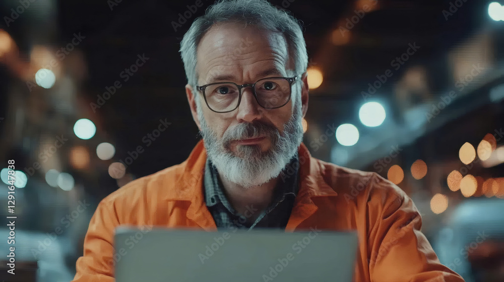 Aufkleber portrait of a supervisor working on a laptop in a factory at night, looking at the screen with a ser